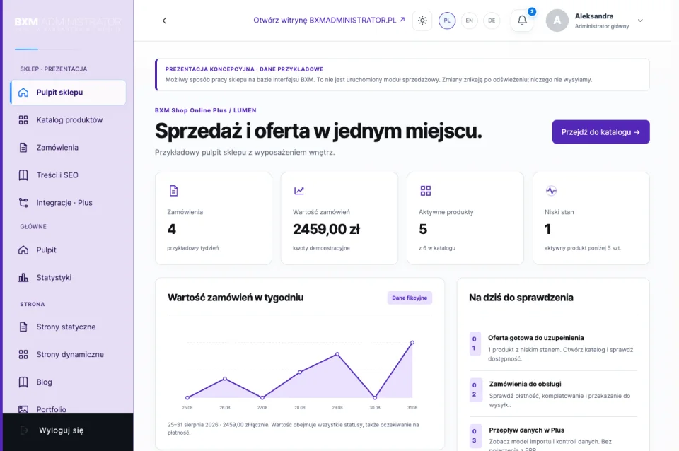 BXM Shop Online Plus: panel demonstration, Polish
