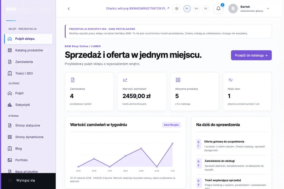 BXM Shop Online: panel demonstration, Polish