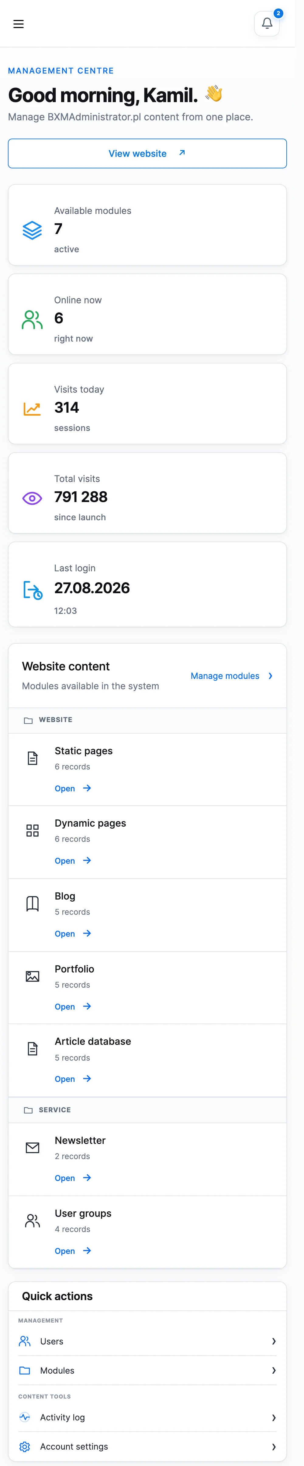 BXM Administrator website and CMS preview